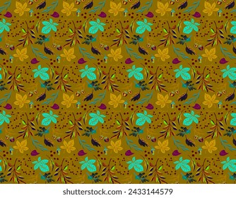 Autumn seamless natural pattern of exotic leaves. Vector floral background. Falling leaf seamless background with Oak. Maple, chestnut, linden, aspen walnut and rowan foliage in cartoon style.