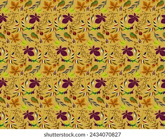 Autumn seamless natural pattern of exotic leaves. Vector floral background. Falling leaf seamless background with Oak. Maple, chestnut, linden, aspen walnut and rowan foliage in cartoon style.