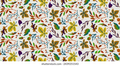 Autumn seamless natural pattern of exotic leaves. Vector floral background. Falling leaf seamless background with Oak. Maple, chestnut, linden, aspen walnut and rowan foliage in cartoon style.