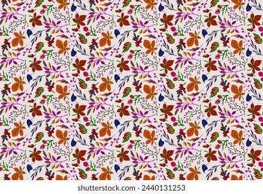 Autumn seamless natural pattern of exotic leaves. Vector floral background. Falling leaf seamless background with Oak. Maple, chestnut, linden, aspen walnut and rowan foliage in cartoon style.
