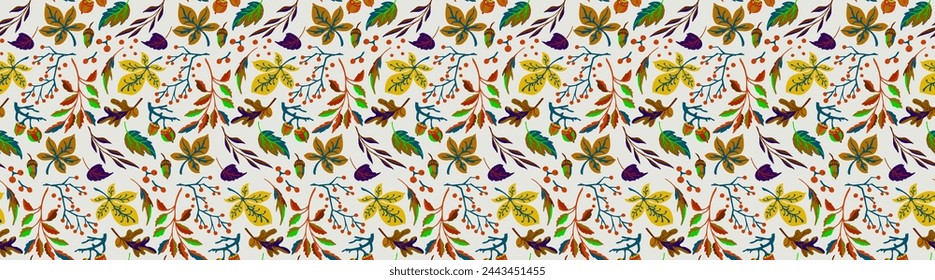 Autumn seamless natural pattern of exotic leaves. Vector floral background. Falling leaf seamless background with Oak. Maple, chestnut, linden, aspen walnut and rowan foliage in cartoon style.