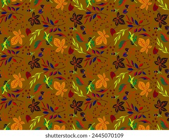 Autumn seamless natural pattern of exotic leaves. Vector floral background. Falling leaf seamless background with Oak. Maple, chestnut, linden, aspen walnut and rowan foliage in cartoon style.