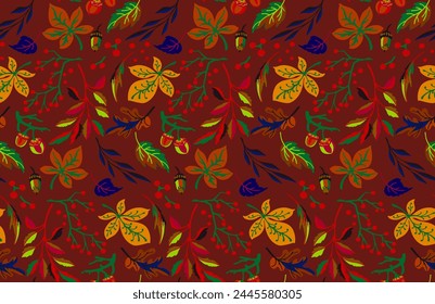 Autumn seamless natural pattern of exotic leaves. Vector floral background. Falling leaf seamless background with Oak. Maple, chestnut, linden, aspen walnut and rowan foliage in cartoon style.