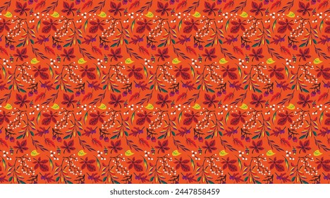 Autumn seamless natural pattern of exotic leaves. Vector floral background. Falling leaf seamless background with Oak. Maple, chestnut, linden, aspen walnut and rowan foliage in cartoon style.