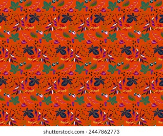 Autumn seamless natural pattern of exotic leaves. Vector floral background. Falling leaf seamless background with Oak. Maple, chestnut, linden, aspen walnut and rowan foliage in cartoon style.