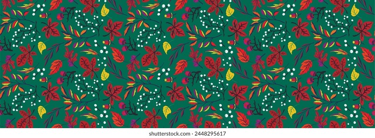 Autumn seamless natural pattern of exotic leaves. Vector floral background. Falling leaf seamless background with Oak. Maple, chestnut, linden, aspen walnut and rowan foliage in cartoon style.