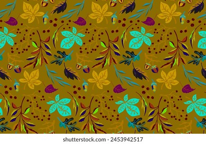 Autumn seamless natural pattern of exotic leaves. Vector floral background. Falling leaf seamless background with Oak. Maple, chestnut, linden, aspen walnut and rowan foliage in cartoon style.