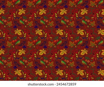 Autumn seamless natural pattern of exotic leaves. Vector floral background. Falling leaf seamless background with Oak. Maple, chestnut, linden, aspen walnut and rowan foliage in cartoon style.