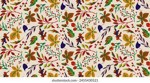 Patrón natural sin fisuras del otoño de las hojas exóticas. Fondo floral de Vector. Fondo sin fisuras de la hoja que cae con roble. Arce, castaño, tilo, álamo, nuez y follaje de serba en estilo de dibujos animados.