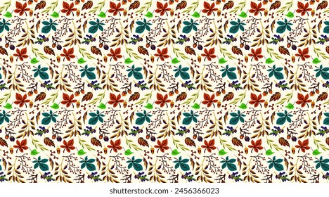Herbst nahtlose natürliche Muster von exotischen Blättern. Vektorgrafik Blumenhintergrund. Fallende Blatt nahtlose Hintergrund mit Eiche. Ahorn-, Kastanien-, Linden-, Espen-Walnuss- und Vogelblatt im Cartoon-Stil.