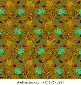 Autumn seamless natural pattern of exotic leaves. Vector floral background. Falling leaf seamless background with Oak. Maple, chestnut, linden, aspen walnut and rowan foliage in cartoon style.