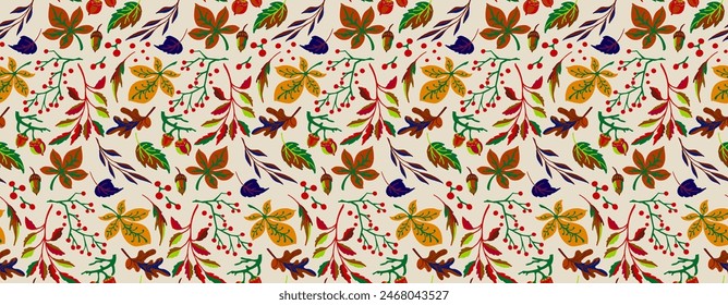 Autumn seamless natural pattern of exotic leaves. Vector floral background. Falling leaf seamless background with Oak. Maple, chestnut, linden, aspen walnut and rowan foliage in cartoon style.
