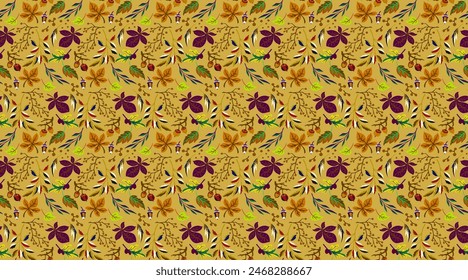 Autumn seamless natural pattern of exotic leaves. Vector floral background. Falling leaf seamless background with Oak. Maple, chestnut, linden, aspen walnut and rowan foliage in cartoon style.