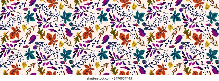 Autumn seamless natural pattern of exotic leaves. Vector floral background. Falling leaf seamless background with Oak. Maple, chestnut, linden, aspen walnut and rowan foliage in cartoon style.