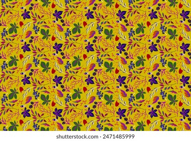 Autumn seamless natural pattern of exotic leaves. Vector floral background. Falling leaf seamless background with Oak. Maple, chestnut, linden, aspen walnut and rowan foliage in cartoon style.