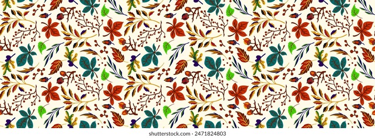 Autumn seamless natural pattern of exotic leaves. Vector floral background. Falling leaf seamless background with Oak. Maple, chestnut, linden, aspen walnut and rowan foliage in cartoon style.