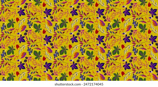 Autumn seamless natural pattern of exotic leaves. Vector floral background. Falling leaf seamless background with Oak. Maple, chestnut, linden, aspen walnut and rowan foliage in cartoon style.