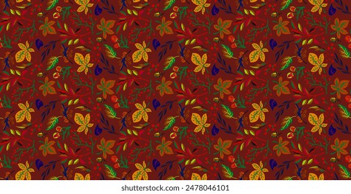 Autumn seamless natural pattern of exotic leaves. Vector floral background. Falling leaf seamless background with Oak. Maple, chestnut, linden, aspen walnut and rowan foliage in cartoon style.