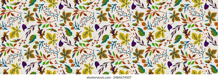 Autumn seamless natural pattern of exotic leaves. Vector floral background. Falling leaf seamless background with Oak. Maple, chestnut, linden, aspen walnut and rowan foliage in cartoon style.