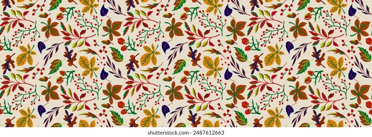 Autumn seamless natural pattern of exotic leaves. Vector floral background. Falling leaf seamless background with Oak. Maple, chestnut, linden, aspen walnut and rowan foliage in cartoon style.