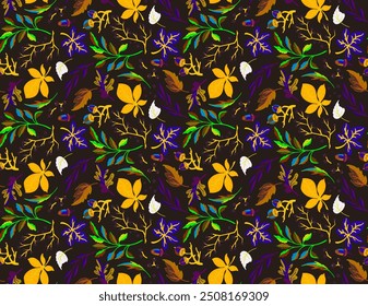 Autumn seamless natural pattern of exotic leaves. Vector floral background. Falling leaf seamless background with Oak. Maple, chestnut, linden, aspen walnut and rowan foliage in cartoon style.
