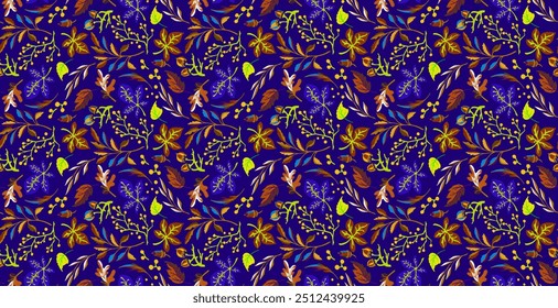 Padrão natural sem emenda de outono de folhas exóticas. Fundo floral do vetor. Fundo sem costura folha queda com carvalho. Bordo, castanheiro, tília, noz de álamo e folhagem de rowan em estilo cartoon.