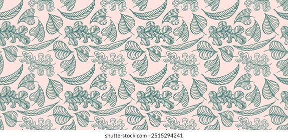 Herbst nahtlose natürliche Muster von exotischen Blättern. Vektor floraler Hintergrund. Fallendes Blatt nahtlosen Hintergrund mit Eiche. Ahorn, Kastanie, Linde, Espenwalnuss und braunes Laub im Cartoon-Stil.