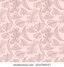 Autumn seamless natural pattern of exotic leaves. Vector floral background. Falling leaf seamless background with Oak. Maple, chestnut, linden, aspen walnut and rowan foliage in cartoon style.