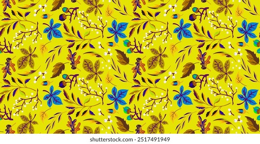 Autumn seamless natural pattern of exotic leaves. Vector floral background. Falling leaf seamless background with Oak. Maple, chestnut, linden, aspen walnut and rowan foliage in cartoon style.