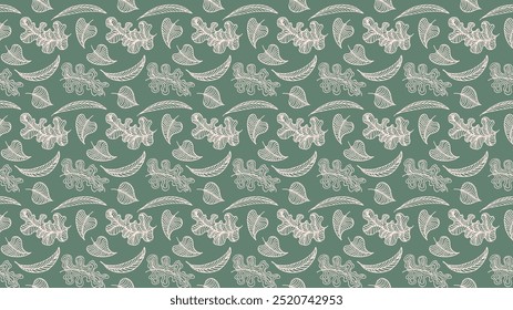 Autumn seamless natural pattern of exotic leaves. Vector floral background. Falling leaf seamless background with Oak. Maple, chestnut, linden, aspen walnut and rowan foliage in cartoon style.