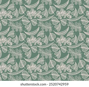 Autumn seamless natural pattern of exotic leaves. Vector floral background. Falling leaf seamless background with Oak. Maple, chestnut, linden, aspen walnut and rowan foliage in cartoon style.