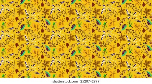 Herbst nahtlose natürliche Muster von exotischen Blättern. Vektor floraler Hintergrund. Fallendes Blatt nahtlosen Hintergrund mit Eiche. Ahorn, Kastanie, Linde, Espenwalnuss und braunes Laub im Cartoon-Stil.