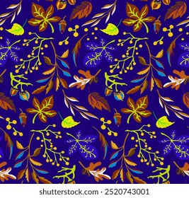 Autumn seamless natural pattern of exotic leaves. Vector floral background. Falling leaf seamless background with Oak. Maple, chestnut, linden, aspen walnut and rowan foliage in cartoon style.