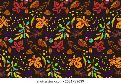 Autumn seamless natural pattern of exotic leaves. Vector floral background. Falling leaf seamless background with Oak. Maple, chestnut, linden, aspen walnut and rowan foliage in cartoon style.