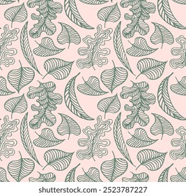 Autumn seamless natural pattern of exotic leaves. Vector floral background. Falling leaf seamless background with Oak. Maple, chestnut, linden, aspen walnut and rowan foliage in cartoon style.