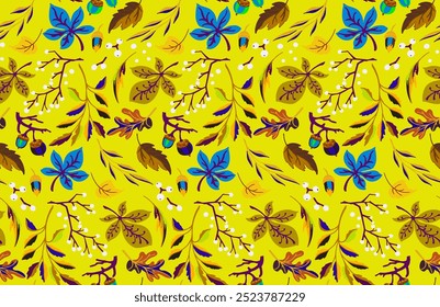 Padrão natural sem emenda de outono de folhas exóticas. Fundo floral do vetor. Fundo sem costura folha queda com carvalho. Bordo, castanheiro, tília, noz de álamo e folhagem de rowan em estilo cartoon.