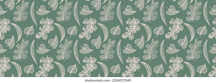Autumn seamless natural pattern of exotic leaves. Vector floral background. Falling leaf seamless background with Oak. Maple, chestnut, linden, aspen walnut and rowan foliage in cartoon style.