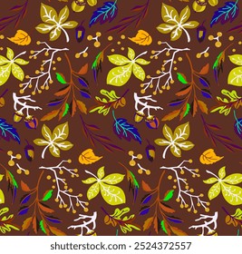 Autumn seamless natural pattern of exotic leaves. Vector floral background. Falling leaf seamless background with Oak. Maple, chestnut, linden, aspen walnut and rowan foliage in cartoon style.