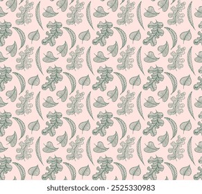 Autumn seamless natural pattern of exotic leaves. Vector floral background. Falling leaf seamless background with Oak. Maple, chestnut, linden, aspen walnut and rowan foliage in cartoon style.