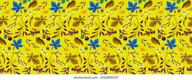 Autumn seamless natural pattern of exotic leaves. Vector floral background. Falling leaf seamless background with Oak. Maple, chestnut, linden, aspen walnut and rowan foliage in cartoon style.