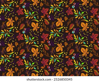Autumn seamless natural pattern of exotic leaves. Vector floral background. Falling leaf seamless background with Oak. Maple, chestnut, linden, aspen walnut and rowan foliage in cartoon style.