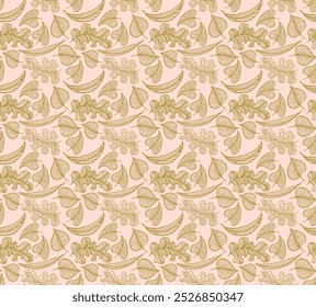 Autumn seamless natural pattern of exotic leaves. Vector floral background. Falling leaf seamless background with Oak. Maple, chestnut, linden, aspen walnut and rowan foliage in cartoon style.
