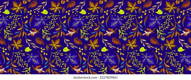 Patrón natural sin fisuras de otoño de hojas exóticas. Fondo floral de Vector. Fondo sin fisuras de la hoja que cae con el roble. Arce, castaño, tilo, álamo, nogal y follaje de serrano en estilo de dibujos animados.