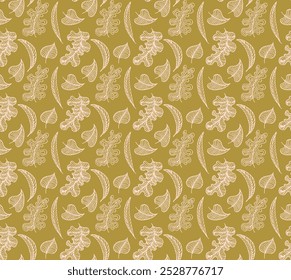 Autumn seamless natural pattern of exotic leaves. Vector floral background. Falling leaf seamless background with Oak. Maple, chestnut, linden, aspen walnut and rowan foliage in cartoon style.
