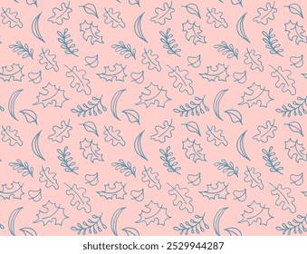 Autumn seamless natural pattern of exotic leaves. Vector floral background. Falling leaf seamless background with Oak. Maple, chestnut, linden, aspen walnut and rowan foliage in cartoon style.