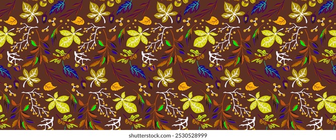 Autumn seamless natural pattern of exotic leaves. Vector floral background. Falling leaf seamless background with Oak. Maple, chestnut, linden, aspen walnut and rowan foliage in cartoon style.