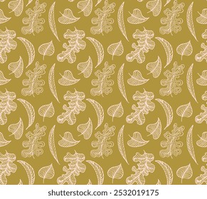 Autumn seamless natural pattern of exotic leaves. Vector floral background. Falling leaf seamless background with Oak. Maple, chestnut, linden, aspen walnut and rowan foliage in cartoon style.