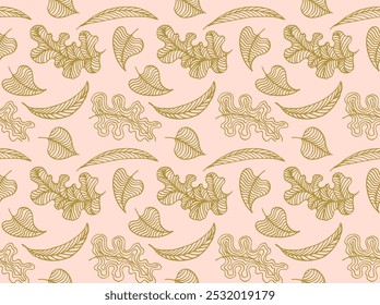 Autumn seamless natural pattern of exotic leaves. Vector floral background. Falling leaf seamless background with Oak. Maple, chestnut, linden, aspen walnut and rowan foliage in cartoon style.