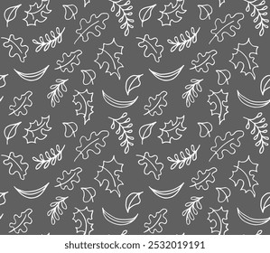 Autumn seamless natural pattern of exotic leaves. Vector floral background. Falling leaf seamless background with Oak. Maple, chestnut, linden, aspen walnut and rowan foliage in cartoon style.