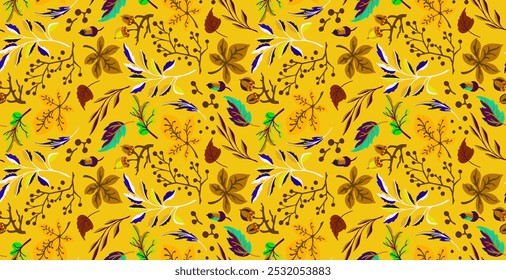 Autumn seamless natural pattern of exotic leaves. Vector floral background. Falling leaf seamless background with Oak. Maple, chestnut, linden, aspen walnut and rowan foliage in cartoon style.